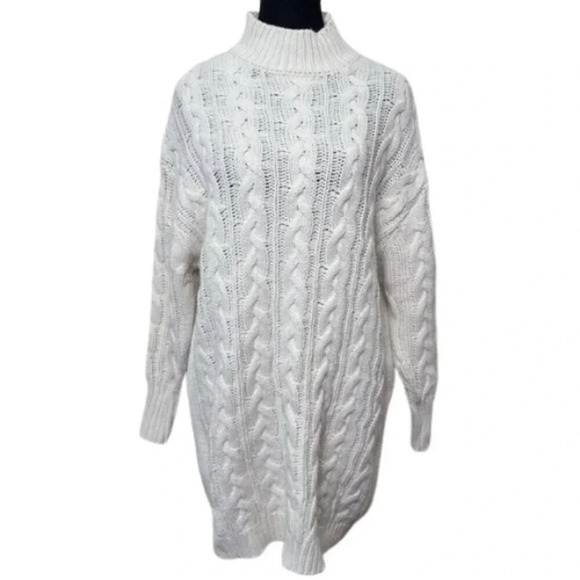 Dreamers Womens S/M Mock Neck Cable Knit  Chunky Sweater Dress Ivory Color - Picture 1 of 15